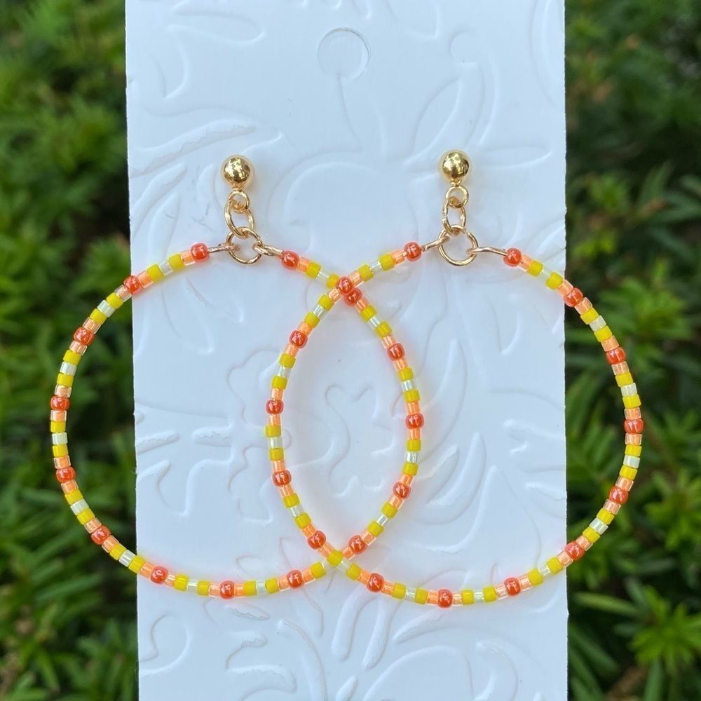 Hand Beaded New Miyuki Beaded Hoop Earrings Orange